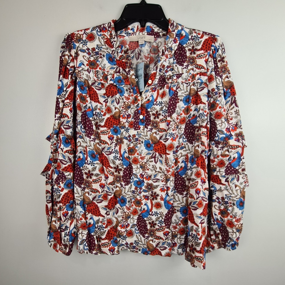 LOFT Floral Peacock Ruffle Long Sleeve Blouse Top Women's Size MP‎ Petite Boho